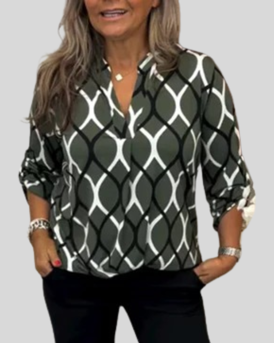 Birgitta | Afslappet Bluse Med Geometrisk Mønster
