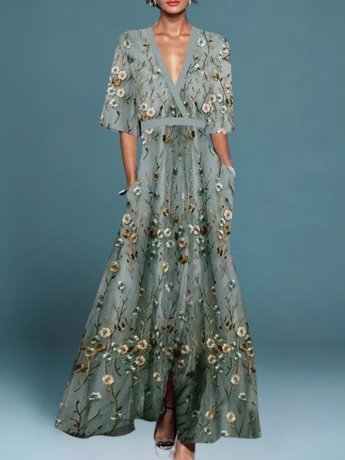 Birgitta | Elegant Lang Kjole med Blomster